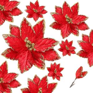 24 Pcs Christmas Glitter Poinsettia Flowers Decorations 5.91 Inch 3.94 Inch Artificial Velvet Poinsettia with Clips, Poinsettia Christmas Tree Ornaments for Xmas Party Decor(Red)