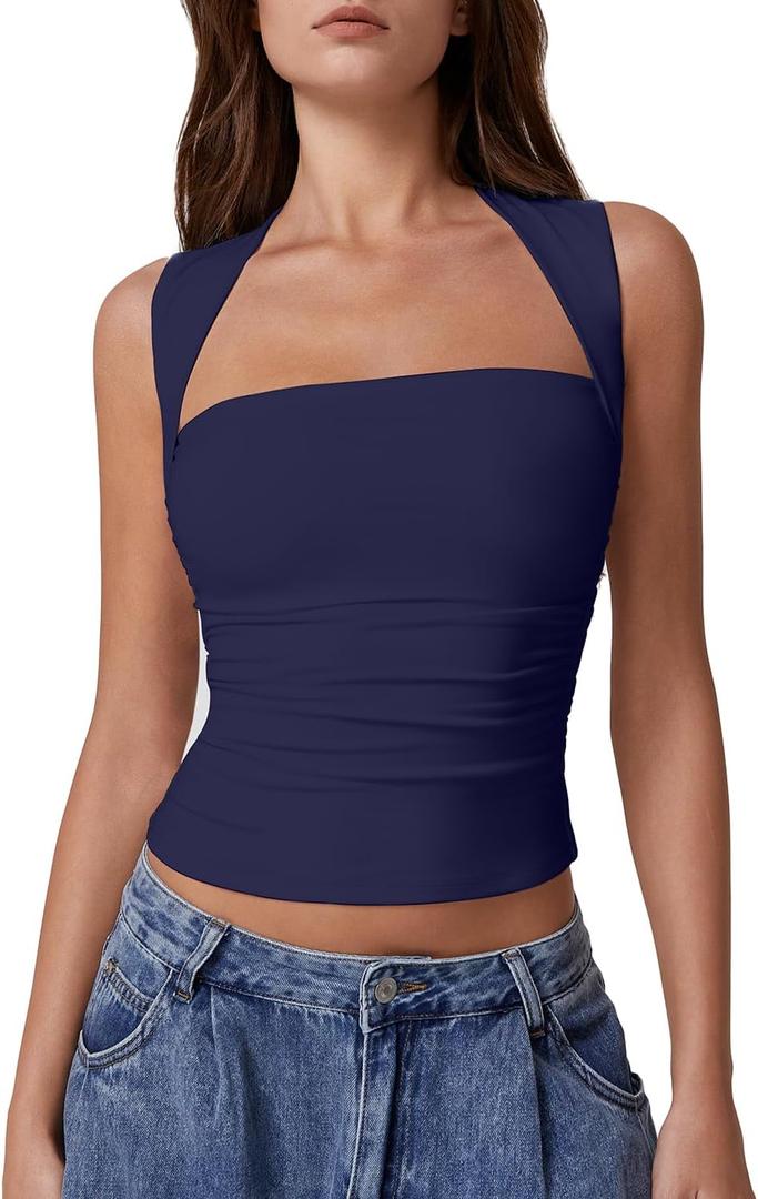 QINSEN Womens Square Neck Tank Tops Side Ruched Double Lined Slim Fit Summer Going Out Crop Top (Small, Navy)