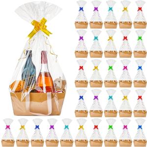 Tuanse 30 Pcs Basket for Gift Empty DIY Bulk Gift Basket Kit with Handle Kraft Cardboard Tray with 30 Bag 30 Bow Market Tray for Wedding Party(Brown,12.6 x 9.8 x 5.9 in)