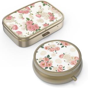 Pill Organizer Pill Box with Mirror Retro Small Pill Case for Purse or Pocket Bronze Pill Box or Vitamins, Fish Oil, Supplements, Pill Containe Travel Gifts2PCS-Retro Pink Floral