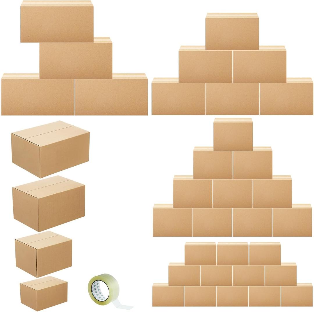 Outus 32 Pack 4 Sizes Shipping Boxes Mailers Corrugated Cardboard Box Kraft Mailing Boxes Small Packing Box with Packaging Tape for Shipping Packing Mailing (Kraft Color,Large)