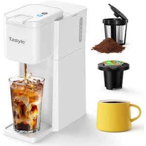 Mini Hot and Iced Coffee Maker Single Serve, for K Cup and Ground, 6 to 14 Oz Brew Sizes, with Recipe Book, for Home, Travel, RV, Office and Dorm, Pearl White