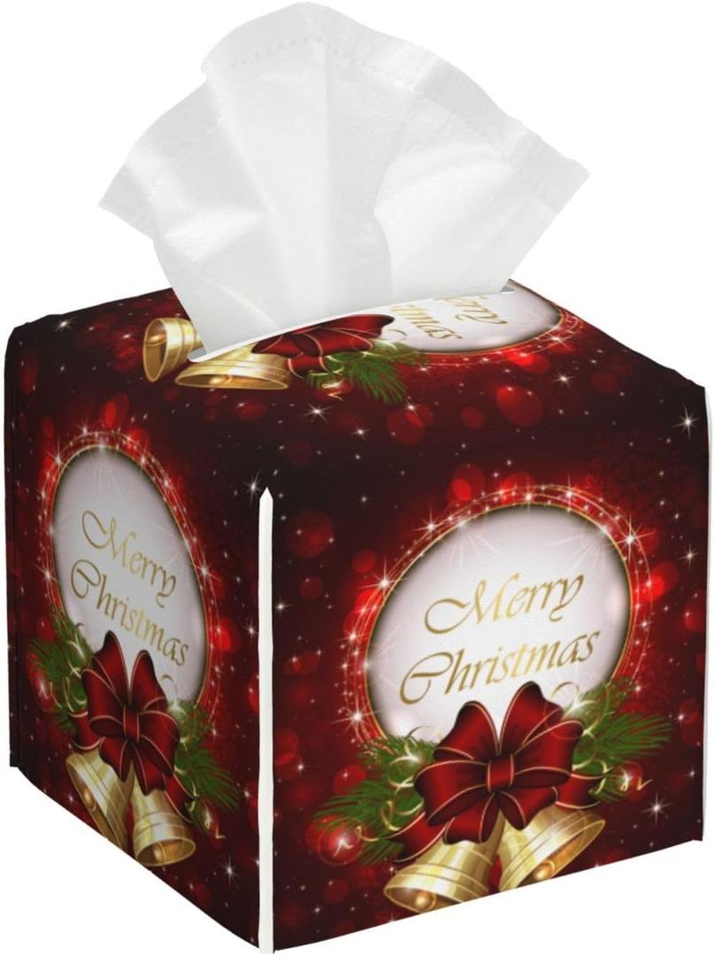 Christmas Tree Bell Tissue Box Cover Xmas Gift Square Leather Tissue Case Holder Facial Paper Organizer Dispenser Decorative for Tabletop Night Stands Desk Bathroom Kitchen Car Office Home Decor