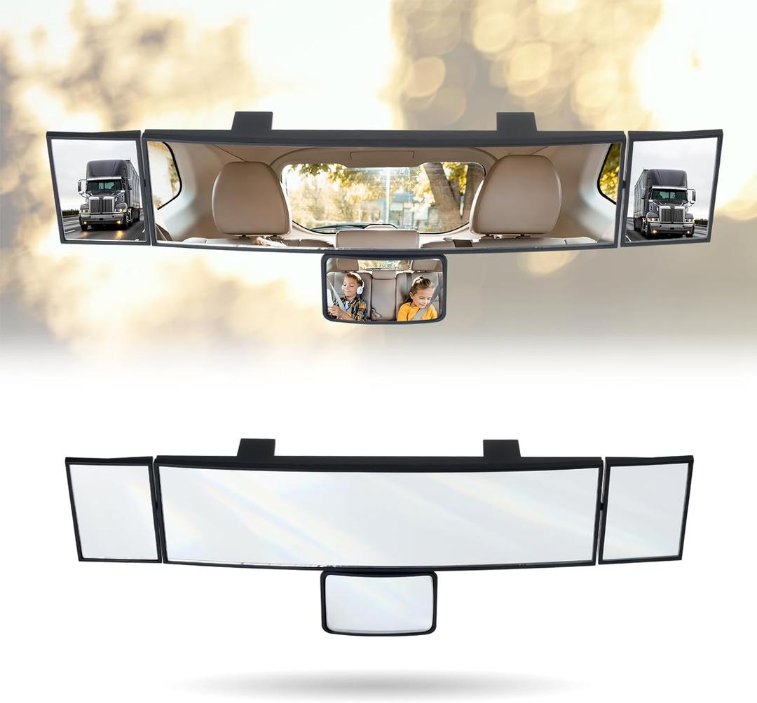 15" Rear View Mirror with Baby Mirror,Car Panoramic Rearview Mirrors Extender,Clip on Large Wide Angle Rear View Mirror for Truck Car and SUV (White) (15" Square Corner)