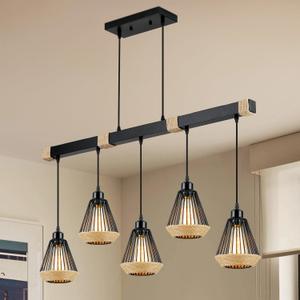 Farmhouse Pendant Lights Kitchen Island | 5-Light Lantern Hanging Light Fixtures with Hemp Rope Woven Lampshade for Dining Room | Bar | Sink | Barn | Rattan Pendant Light (Matte Black)