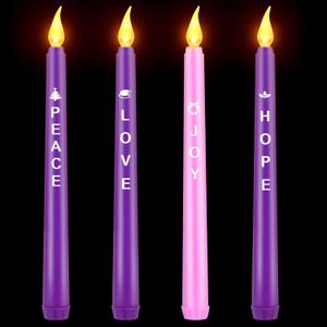Fovths 4 Pack Christmas Advent Candles with Words Flameless Advent Candle LED Taper Candles Flickering Window Celebration Candles for Christmas Wreath Advent Holiday Decor, Pink, Purple