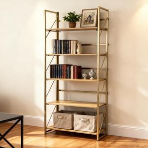 Folding Bookshelf, 5 Tier Foldable Bookcase, Multifunctional Plant Shelf Storage Rack for Home Office, Easy Assembly, Gold & Nature Wood