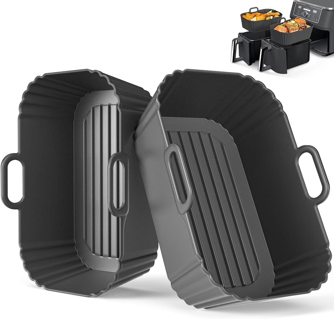 Silicone Air Fryer Liners 2 Pack, Reusable Compatible for Ninja Foodi DZ201, DZ401, DZ550, DZ302, COSORI 9QT, Chefman, Instant, and 6-in-1 8-10QT Dual Baskets (Black)