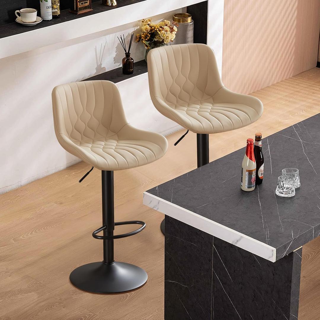 Set of 2 Modern Bar Stools, Adjustable Swivel Counter Height Kitchen Bar Stools with Backrest, Faux Leather Padded Seats, Kitchen Island Chairs for Breakfast Bar, Khaki