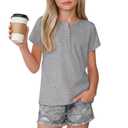 Vinsatin Girl's Short Sleeve Shirts Henley Round Neck Button up Tops Loose Fit Summer Basic Tees(5-6 Years,Light Mixed Gray)
