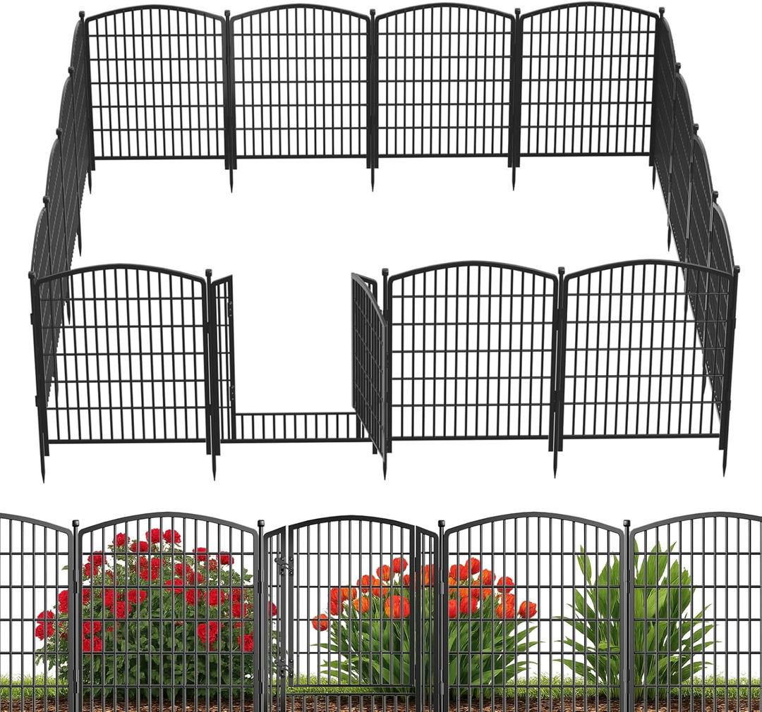 31in(H) x 17.3ft(L) No Dig Decorative Garden Fence with Gate, 8 Panels Rustproof Animal Barrier Metal Dog Fence Outdoor for Yard, Patio, Temporary Garden Fencing with Ground Stakes