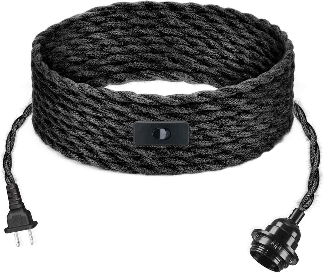 9.84FT Plug in Hanging Light Fixture with Switch E26 Base Bulb Socket, Industrial Pendant Lamp Light Cord with Twisted Hemp Rope DIY Light Fixture for Farmhose Bedroo Home Lighting Decors (Black)