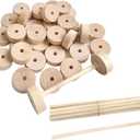 30 Pcs Unfinished Wooden Wheels Small Craft Wheels Flat Model Car Wheels Wood Crafting Supplies with 15 Pcs Wooden Sticks