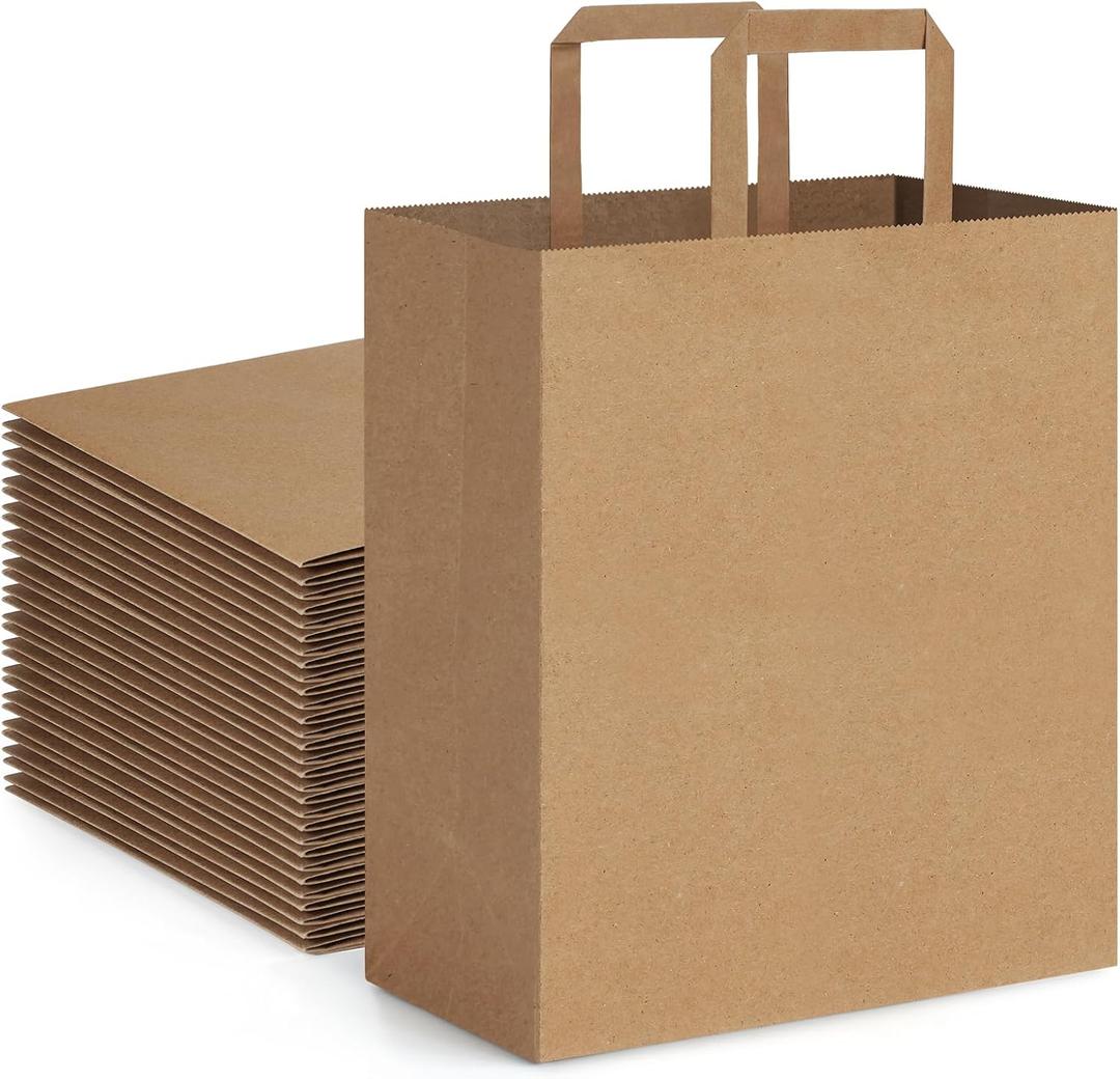 BagDream 100Pack 10x6.75x12 Kraft Brown Paper Bags with Handles Bulk, Gift Shopping Merchandise Retail To Go Bags for Takeout Containers, Flat Handles Wider-gusset Recycled Paper Sacks