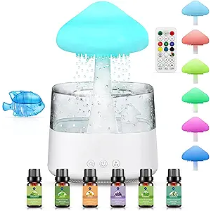 Rainfall Humidifier, 6 Essential Oils and 1 Water Tank Filter, Mushroom Model, Night Light, Water Drip Sounds, for Small Rooms