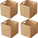 13x13x13 Storage Cube Bins Set of 4, Paper Rope Hand Woven Storage Basket with Handles, Collapsible Square Storage Cubes for Shelves, Wicker Shelf Baskets for Living Room Bedroom Organizing, Natural
