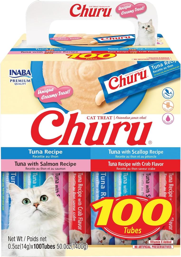 INABA Churu Cat Treats, Lickable, Squeezable Creamy Pure with Vitamin E, 0.5 Ounces per Tube, 100 Tubes Total, Tuna Variety, Best By: 0223.2027
