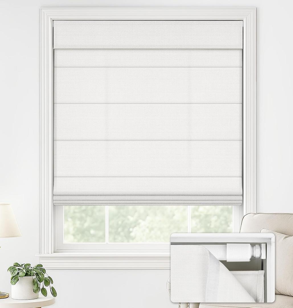 LazBlinds No Drill Roman Shades for Windows, Cordless Light Filtering Window Shades with UV Protection, Polyester Fabric for Bedroom & Living Room, 23" W x 64" H, Off White