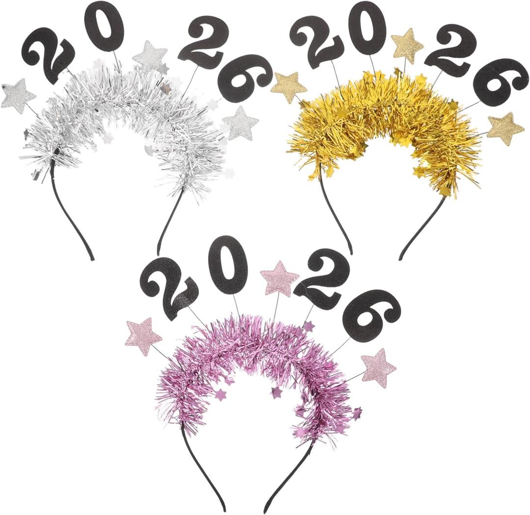 ABOOFAN 3pcs 2026 New Year Star Headband Glitter Hair Bands Hair Accessories Photo Props for Women Girls Christmas Holiday Party Decoration Supplies