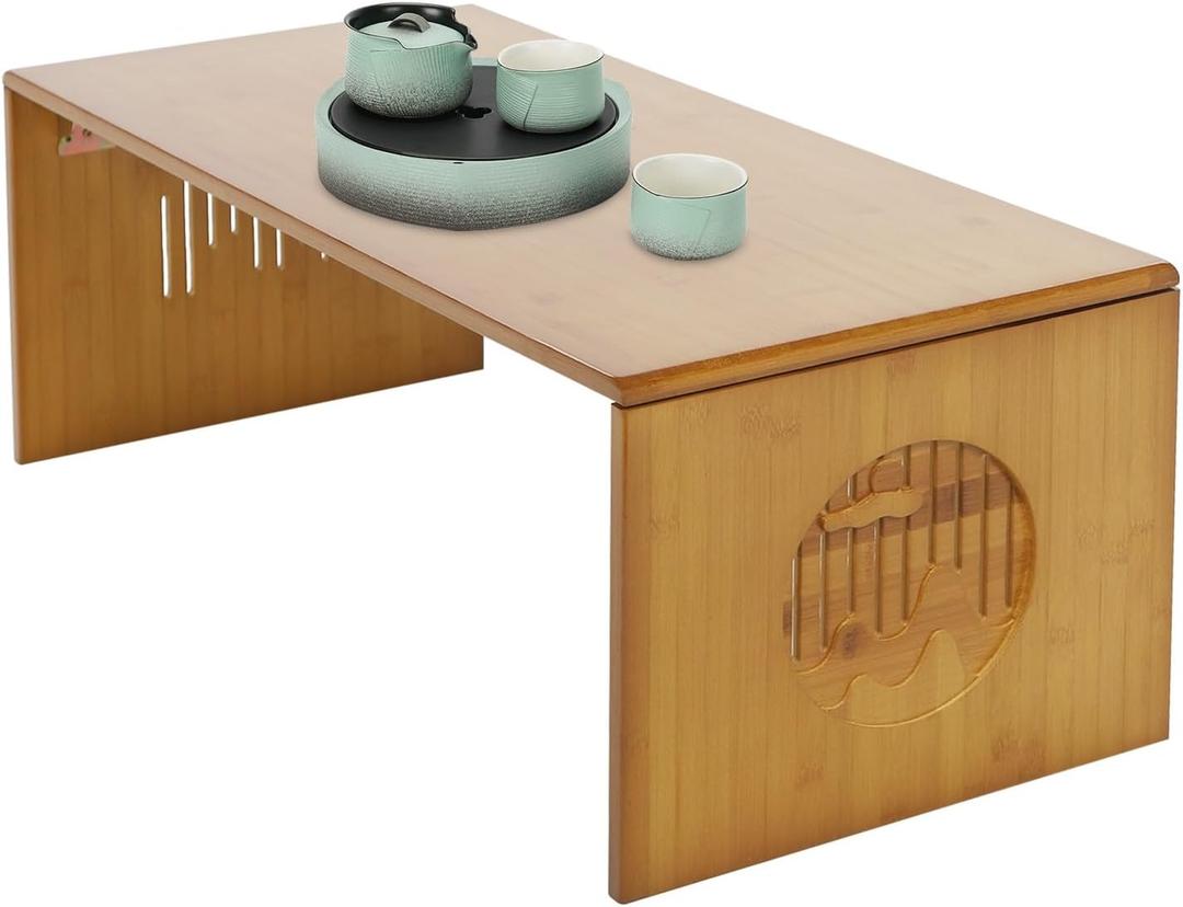 Folding Floor Table Bamboo Adjustable Low Coffee Table with Landscape Carving, Versatile Tatami Foldable Table No Assembly for Sitting on The Floor Used in Living Room Office 31.5inch