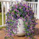INQCMY Artificial Fake Hanging Flowers Plants for Outdoor Summer Decoration, 2 PCS Faux Silk Daisy with Eucalyptus Leaves, UV Resistant Look Real for Outside Home Planter Porch Patio Balcony Yard Decor (Double Purple)