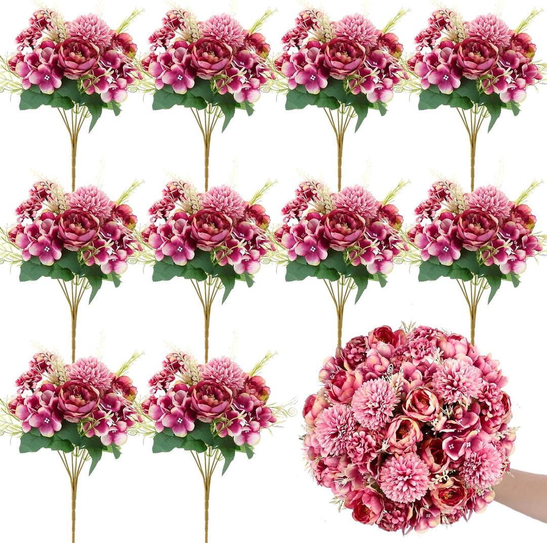 Olgaa 12 Bundles Peonies Artificial Flowers Silk Flowers Fake Peony Bouquet Faux Peonies Flowers Bulk for Wedding Decor Centerpiece Table Decorations (Purple Red)