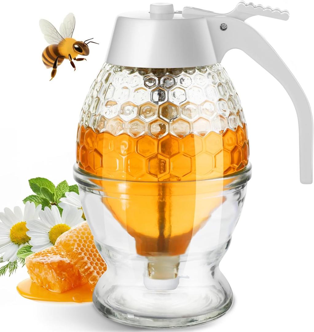 Honey Dispenser, 8oz Honey Dispenser No Drip Glass with Stand, Honey Container & Coffee Syrup Dispenser for Tea Time & Gifting, Elegant Honeycomb Honey Jar - Honey Pot Bottle for Maple Syrup Bee (White)