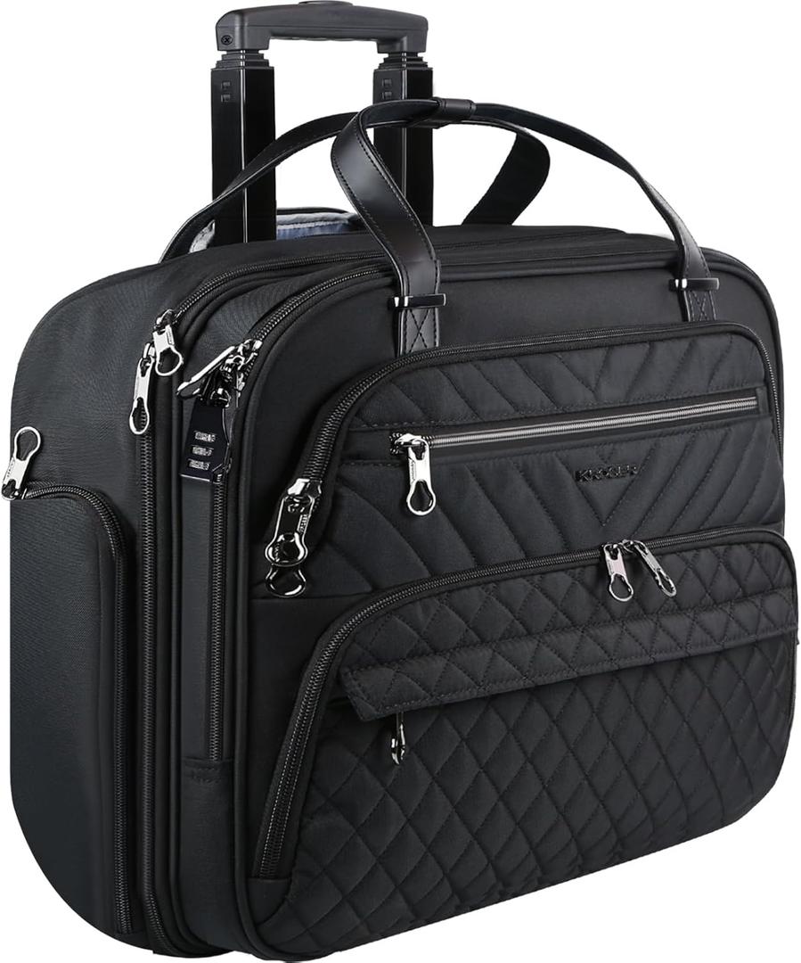 KROSER Rolling Laptop Bag for Women, 15.6 inch Briefcase with RFID Pockets, Computer Bag for Work Travel Business, Quilted Black
