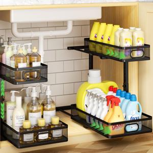 Under Sink Organizer 2-Pack, Metal 2-Tier Pull-Out Cabinet Shelf with Slide-Out Mesh Drawers, Height Adjustable, Space-Saving Under Sink Storage Racks for Kitchen, Bathroom, Laundry Room (Black)