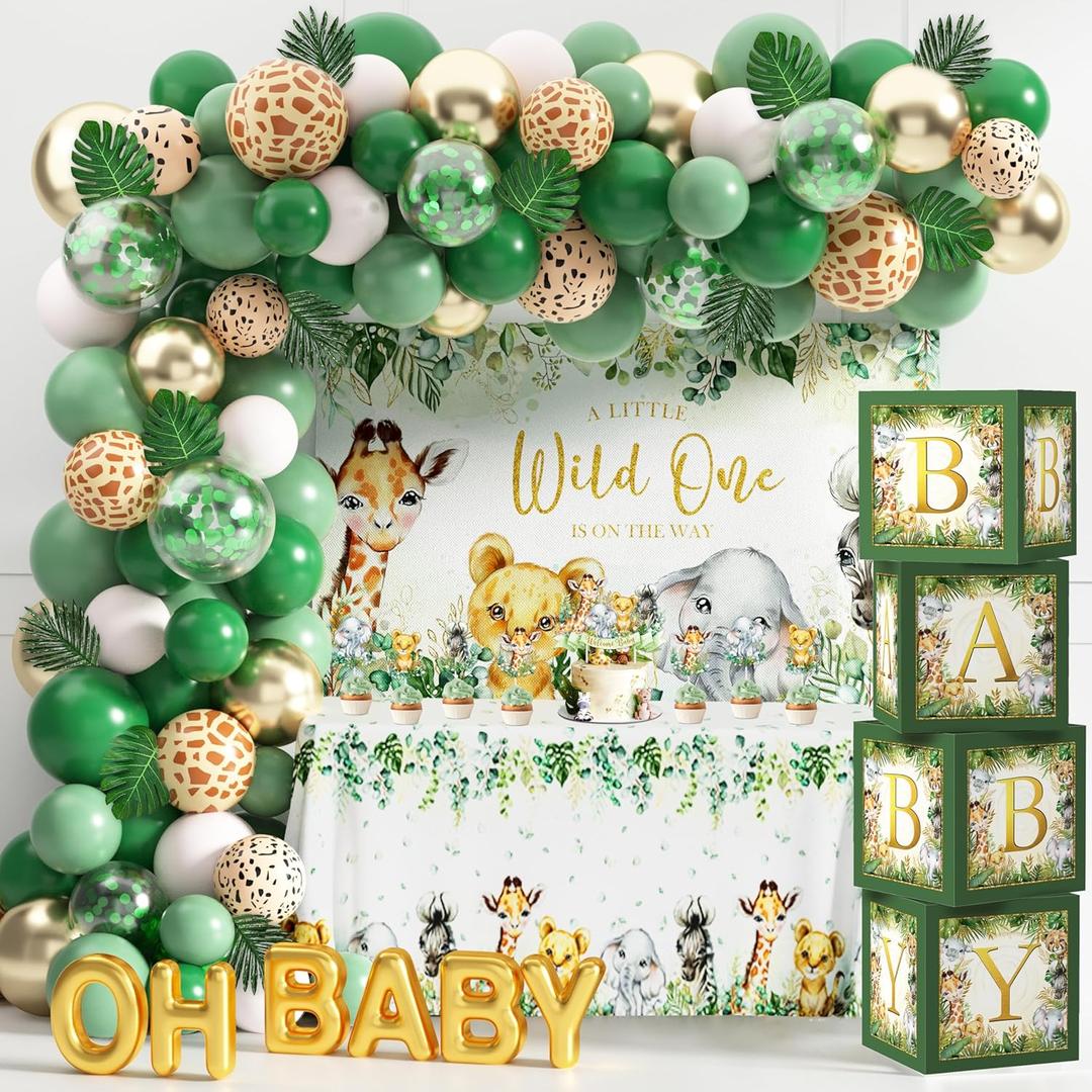 Safari Jungle Baby Shower Decorations for Boy Girl Wild One First Birthday Party Supplies Safari Balloons Garland Arch Kit Baby Boxes with Letters Wild One Backdrop Animal Tablecloth (Green)