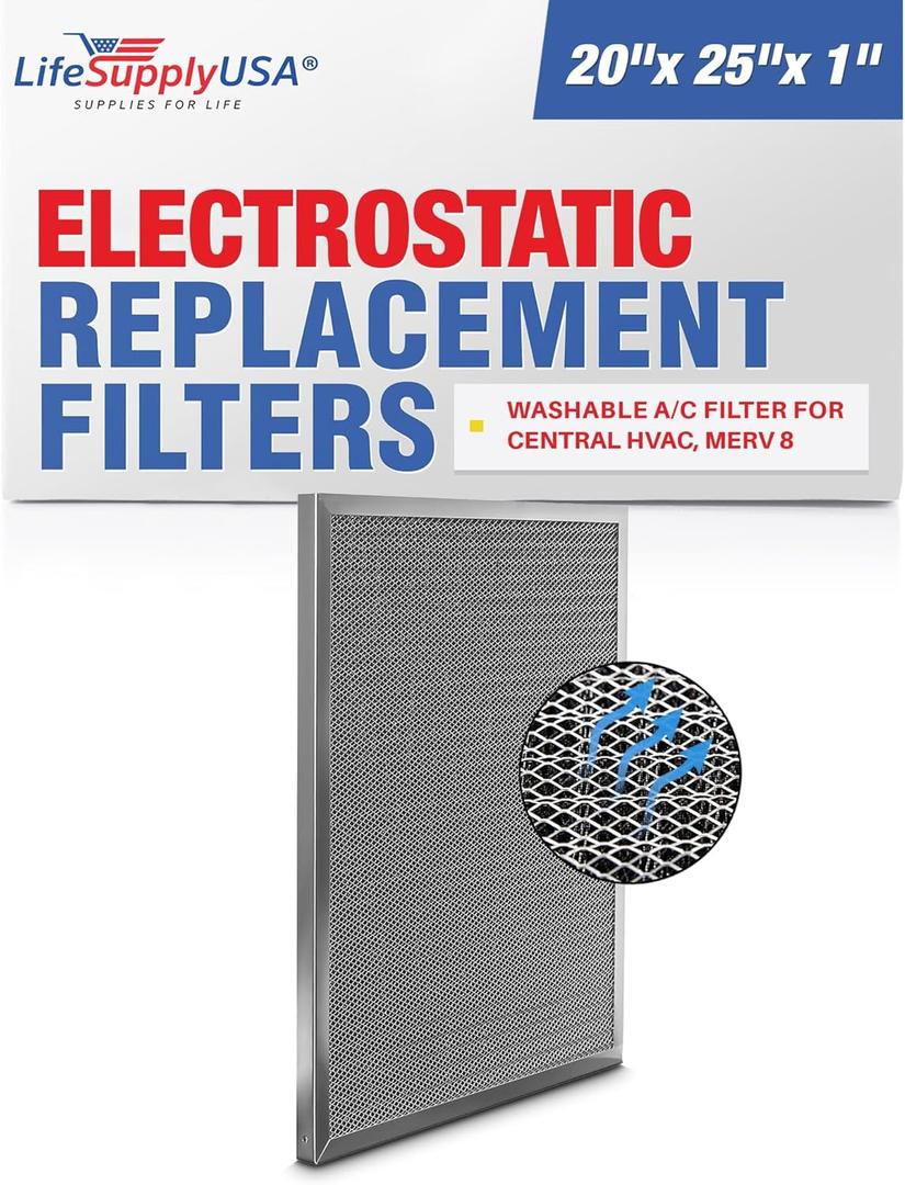 LifeSupplyUSA 20x25x1 Electrostatic Air Filter, MERV 8, Washable, Reusable Furnace AC/HVAC Filter, Energy Saving, Easy to Clean, Long-Lasting (25" x 25" x 1")