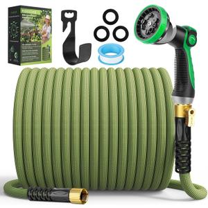Non-Expandable Garden Hose 100 ft, Ultra Lightweight Flexible Water Hose with 10-Pattern Nozzle, Leak-Proof, High-Density Fabric, Thickened Connector, Shut-Off Valve for Yard, Lawn, Outdoor