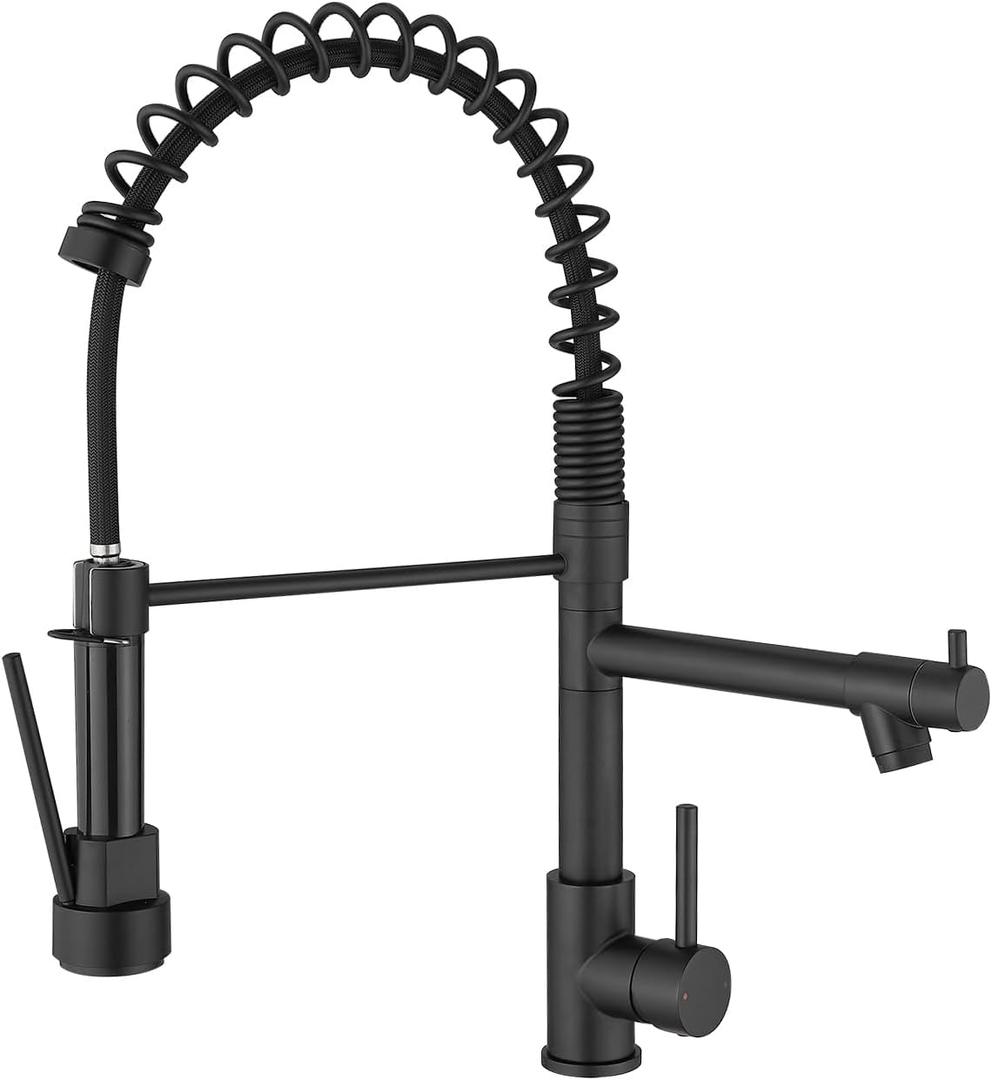 FLG Black Kitchen Faucet with Pull Down Sprayer,High Pressure Double Spout Brushed Nickel Kitchen Sink Faucet,Single Handle Stainless Steel Spring Commercial Kitchen Faucets