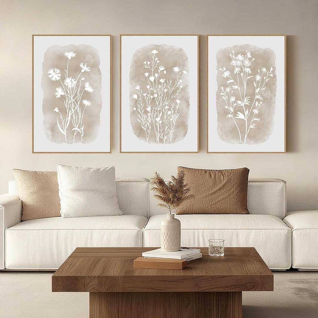 Neutral Wildflower Wall Art Framed Boho Botanical Large Vintage Farmhouse Minimalist Floral Beige Canvas Wall Decor Prints for Living Room Bedroom Office, 3 Panels, 24x36 Inch