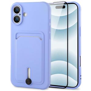MZELQ TPU Wallet Compatible with iPhone 16 Plus Case, Card Holder Camera Protection Cover + Screen Protector, Push-able Slot for Girls Women -Purple