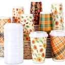 Irenare Thanksgiving Disposable Coffee Cups with Lids 16 oz Fall Maple Leaves Paper Coffee Cups Thanksgiving Party Supplies for Office Home Tea Autumn Harvest Party
