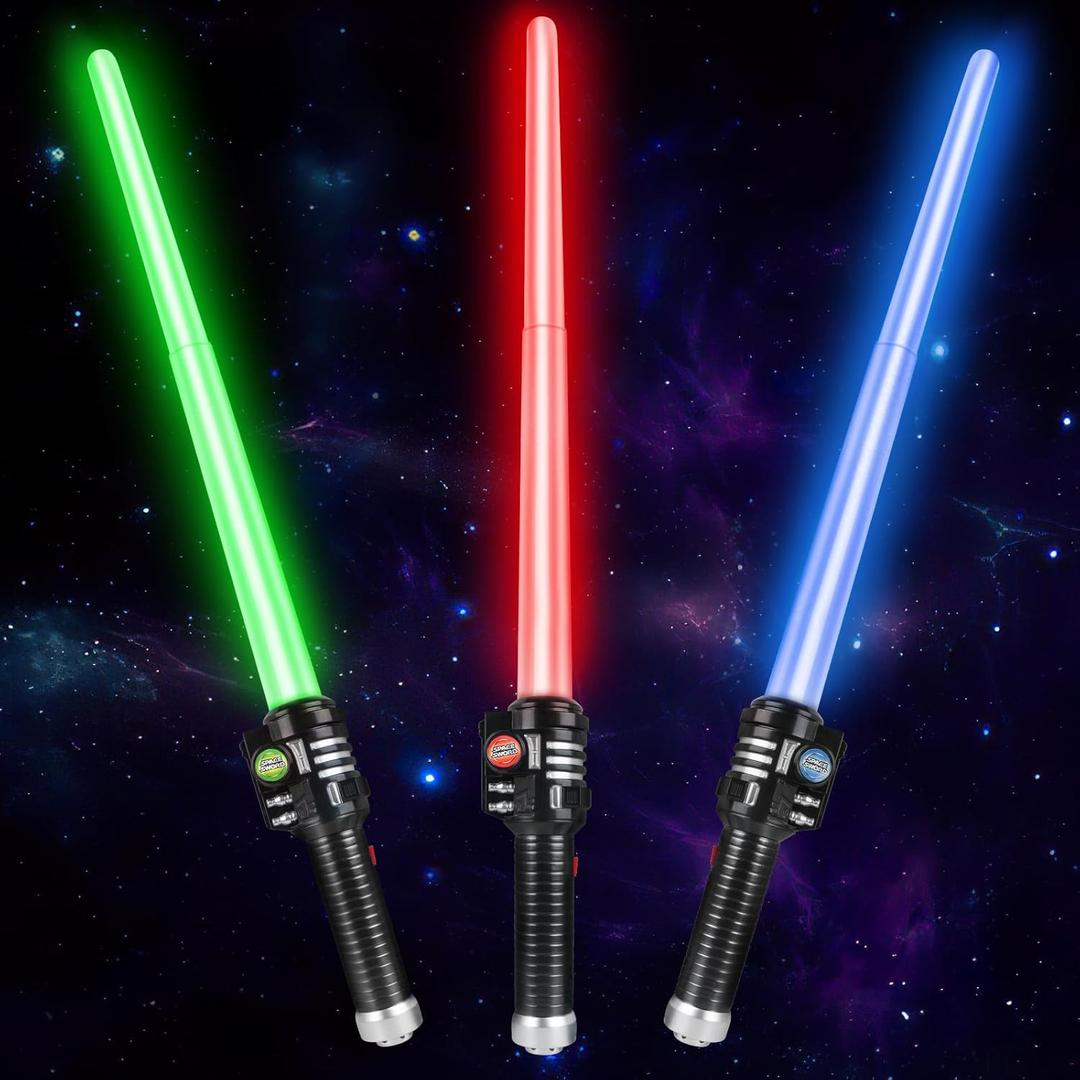 3 Pack Light Up Saber for Kids, Extendable Light Up Toy Sword for Kids Adult, Blue, Red, Green Light Up Saver for Kids 3-8, Light Up Sword Set Gift for Boy Girl Party Halloween