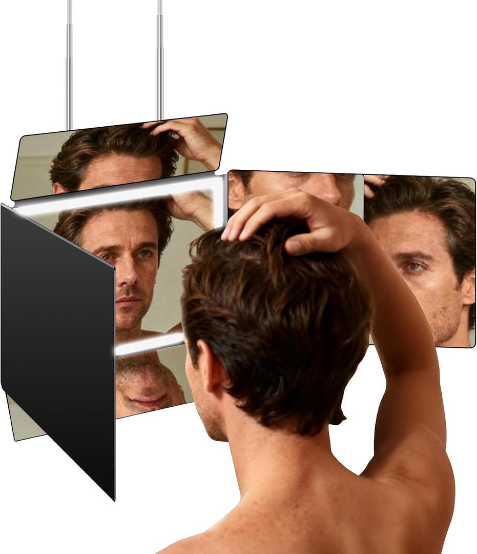 LMZNXCZ 5 Way Mirror for Self Hair Cutting,360 Haircuts Mirror Men for Barber Use Tools,to See Back of Head,Tri Fold with Portable Height Adjustable Telescoping Hooks