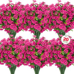 Roberly 20 Bundles Artificial Flowers for Outdoors, Fake Silk Flowers with Plastic Eucalyptus Greenery Stems Realistic Faux Plants for Spring Summer Porch Patio Yard Garden Vase Home Decor, Fuchsia