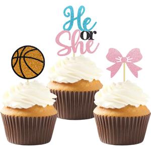24PCS Basketball He or She Cupcake Toppers, Boy or Girl Gender Reveal Cupcake Toppers for Basketball Baby Shower Decorations