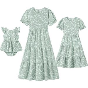 IFFEI Mommy and Me Dresses Summer Casual Boho Matching Outfits Ruffle Puff Sleeve High Waist Midi Beach Maxi Dress, Size: Medium