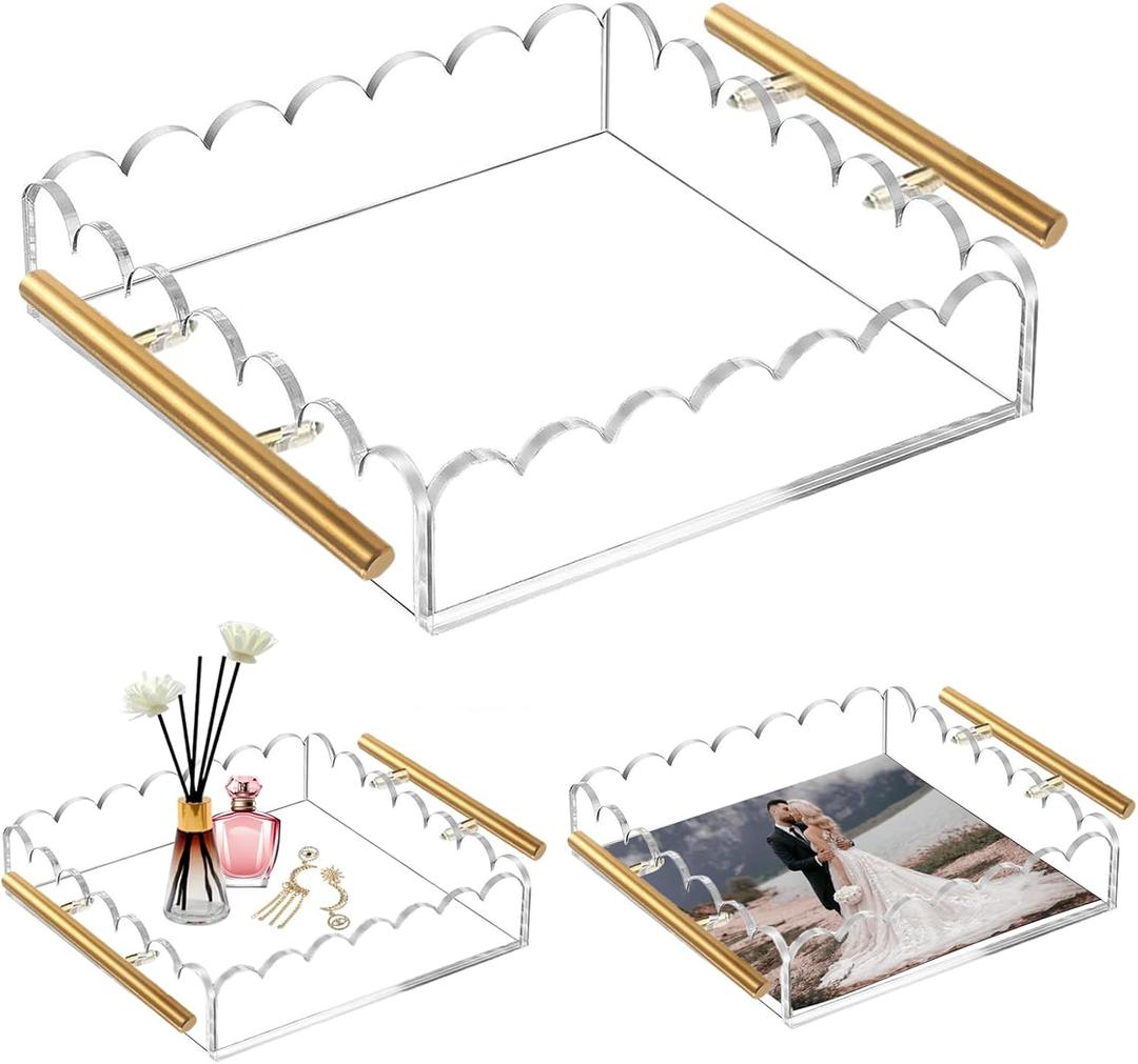 Acrylic Scalloped Tray with Magnetic Mat and Bronze Handles Clear Rectangular and Includes Anti-Slip Pads(8 * 8 * 2"- Handles)