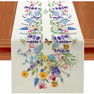 Spring Floral Table Runner Decorations, Calendula and Lavender Farmhouse Table Scarf - Rustic Cottage Decor for Kitchen Dining Table, Easter or Mothers Day Party, Spring Home Decoration(13 x 72 Inch