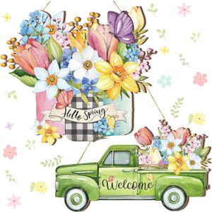 GlikCeil 2 Pcs Hello Spring Door Sign Welcome Wooden Spring Hanging Decorations Truck Bouquet Wall Plaques for Front Door Indoor Outdoor Farmhouse Rustic Home Decorations