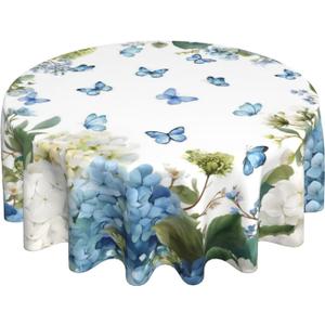Spring Round Tablecloths 70 Inches Blue Hydrangea Butterfly Floral Decorative Round Tablecloth Summer Flower Washable Reusable Circle Table Cover for Home Kitchen Dining Room Party Outdoor