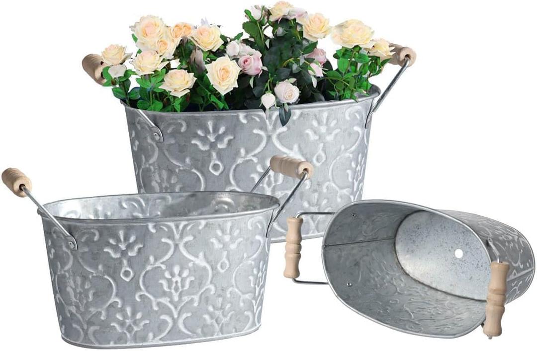 Galvanized Metal Oval Planter Buckets with Handles  Set of 3 Rustic Farmhouse Flower Tubs with Drain Holes & Plugs, Vintage Small Pots for Herbs, Succulents, Wedding or Tabletop Decor (Flower style)