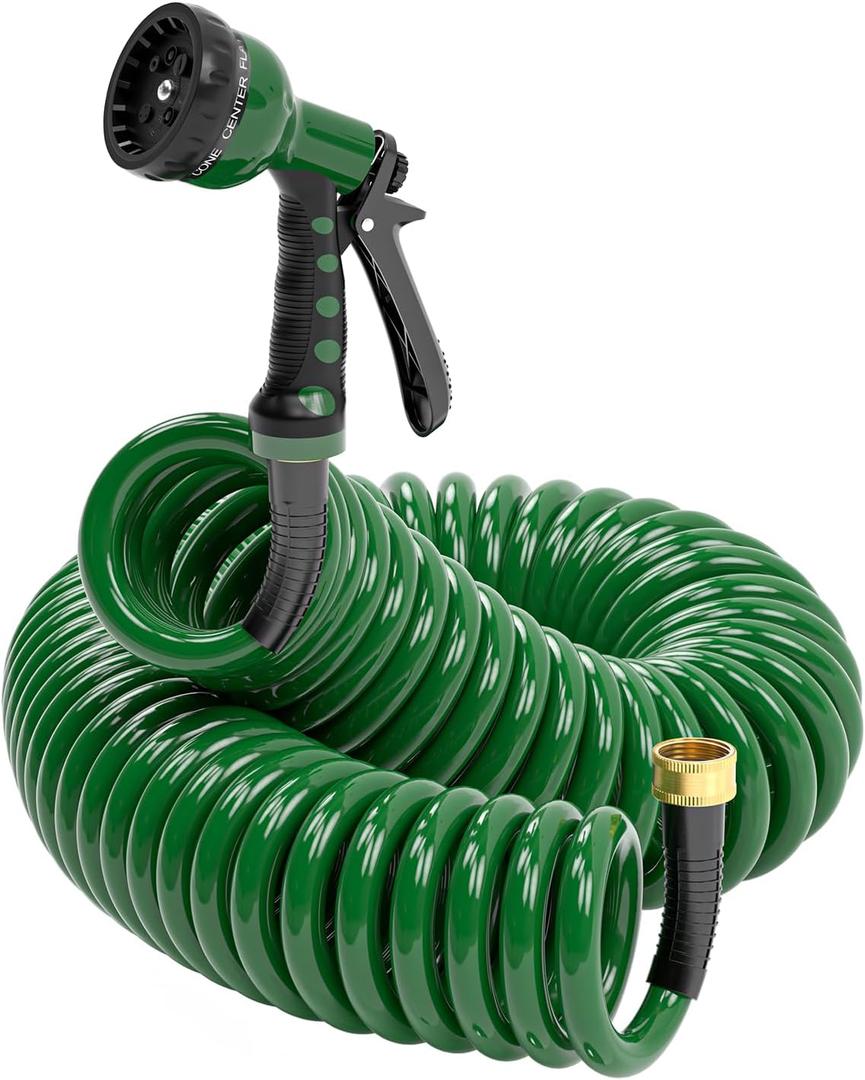 Coil Garden Hose 50 FT 1/2, EVA Flexible Water Hose with 6-Pattern Spray Nozzle,Curly Recoil Hoses,Retractable,Lightweight and No Kink Watering Hose for Boat, Greenhouse, Yard, patio