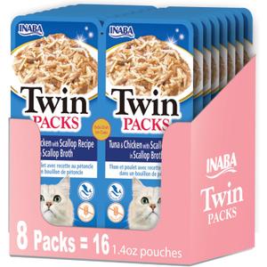 INABA Twin Packs for Cats, Shredded Chicken & Broth Gele Side Dish/Topper Pouch, 1.4 Ounces per Serving, 16 Servings, Tuna & Chicken with Scallop Recipe in Scallop Broth (EXP 04/24/27)