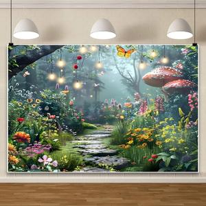 Enchanted Forest Backdrop Mushroom Butterfly Floral Fairy Tale 5x3ft | Wildflowers Fairytale Wonderland Garden Background Boy Girl Baby Shower Birthday Party Banner Decorations Photoshoot Props
