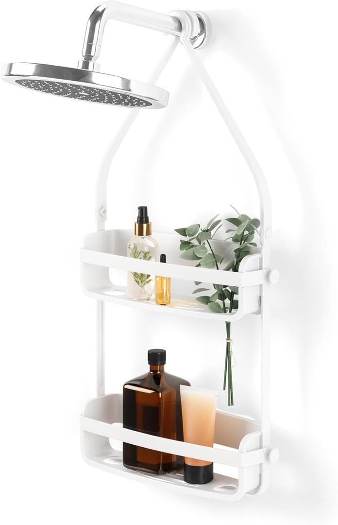 Umbra Flex Hanging Shower Caddy with 2 Shelves, Bathtub Shelf and Bathroom Organizer, White